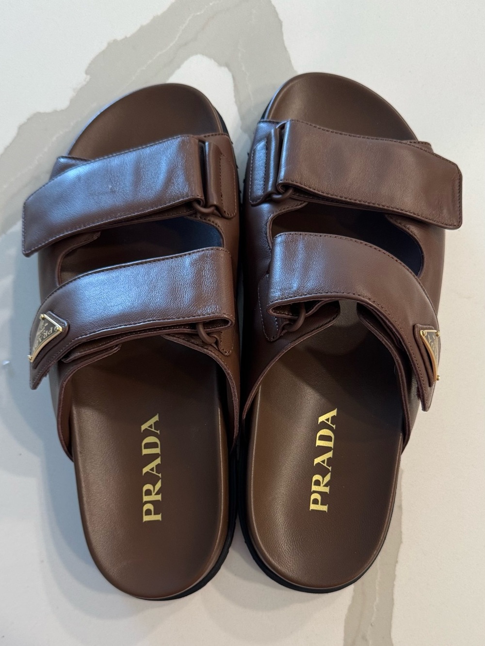 Women’s Luxury Prada Brown Leather Dual-Strap Slide Sandal with Gold Logo - Picture 8 of 14